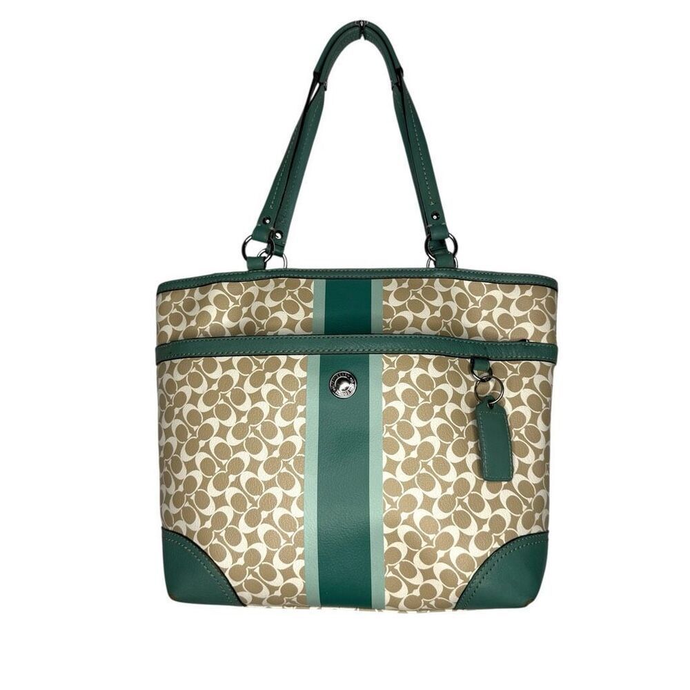 Coach Chelsea Heritage Stripe Signature Tote Teal & Khaki Coated Canvas #F15137 - Picture 11 of 12